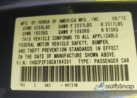 2012 Honda Accord 2.4 Lx from USA, damaged, VIN 1HGCP2F38CA194251